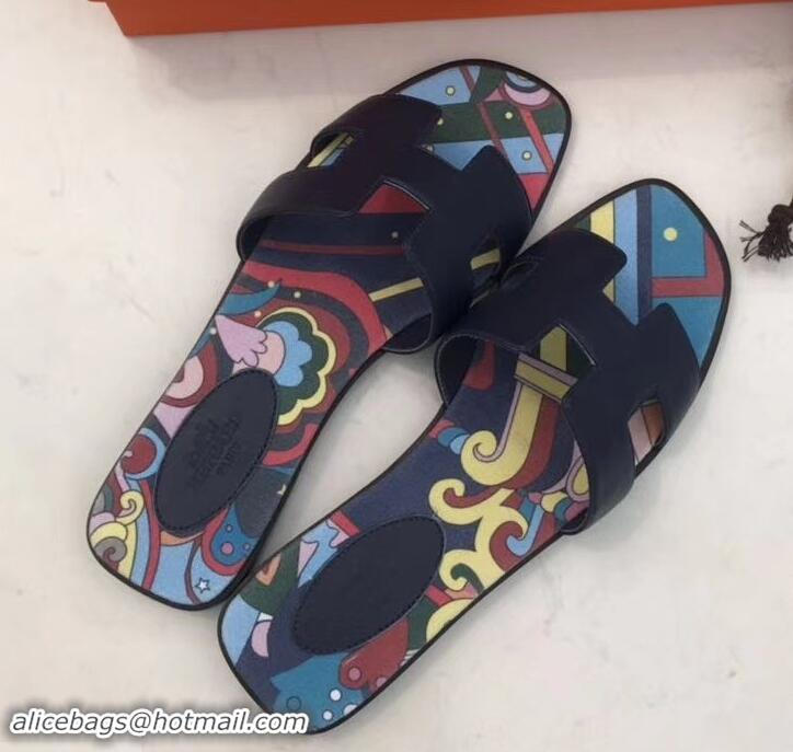 Best Grade Hermes Print Oran Flat Slipper Sandals H701038 Black