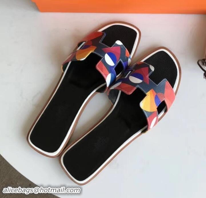 Well Crafted Hermes Print Oran Flat Slipper Sandals H701038 Black/White