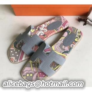 Top Grade Hermes Print Oran Flat Slipper Sandals H701038 Gray