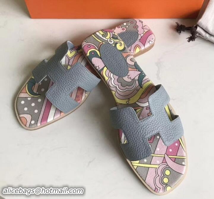 Top Grade Hermes Print Oran Flat Slipper Sandals H701038 Gray