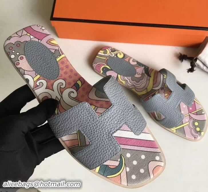 Top Grade Hermes Print Oran Flat Slipper Sandals H701038 Gray