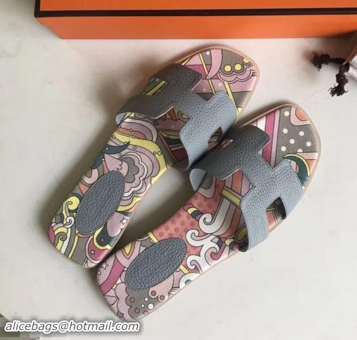 Top Grade Hermes Print Oran Flat Slipper Sandals H701038 Gray