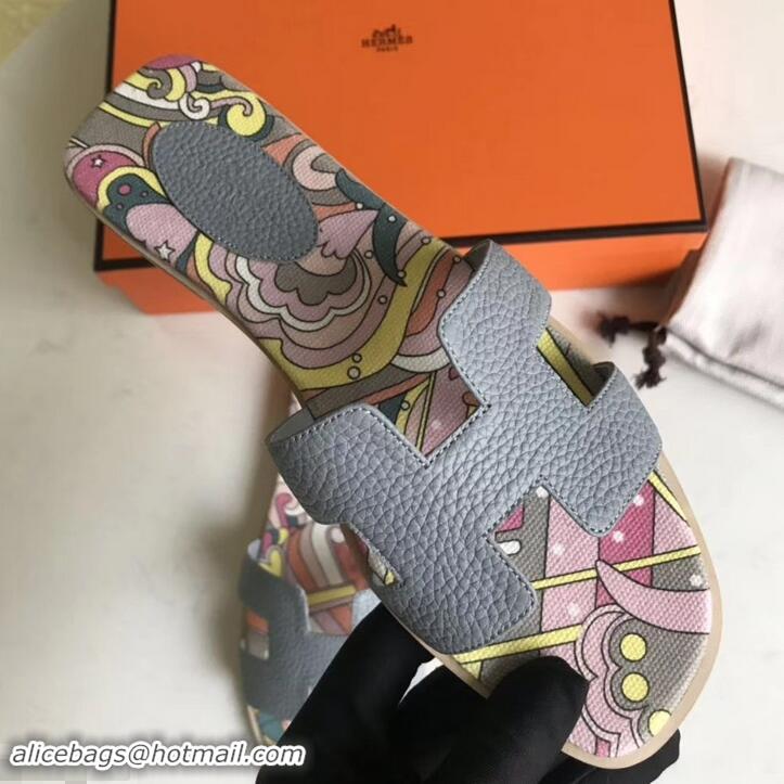 Top Grade Hermes Print Oran Flat Slipper Sandals H701038 Gray