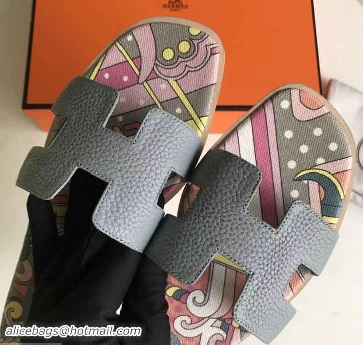 Top Grade Hermes Print Oran Flat Slipper Sandals H701038 Gray