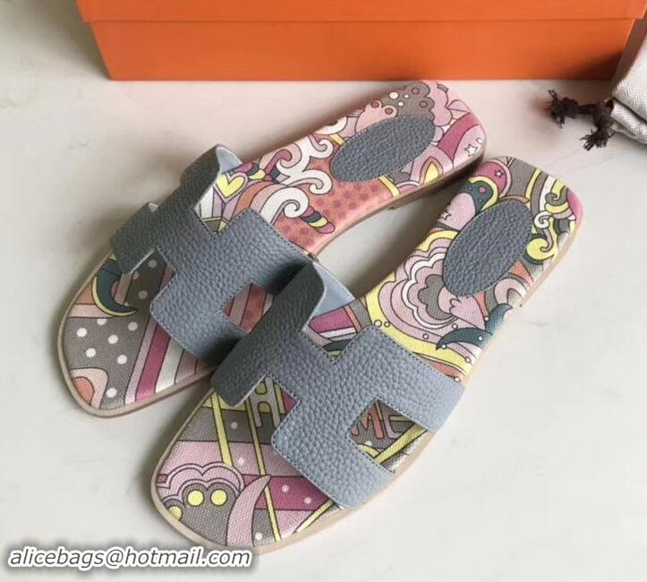 Top Grade Hermes Print Oran Flat Slipper Sandals H701038 Gray