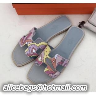 Unique Style Hermes Print Oran Flat Slipper Sandals H701038 Light Gray