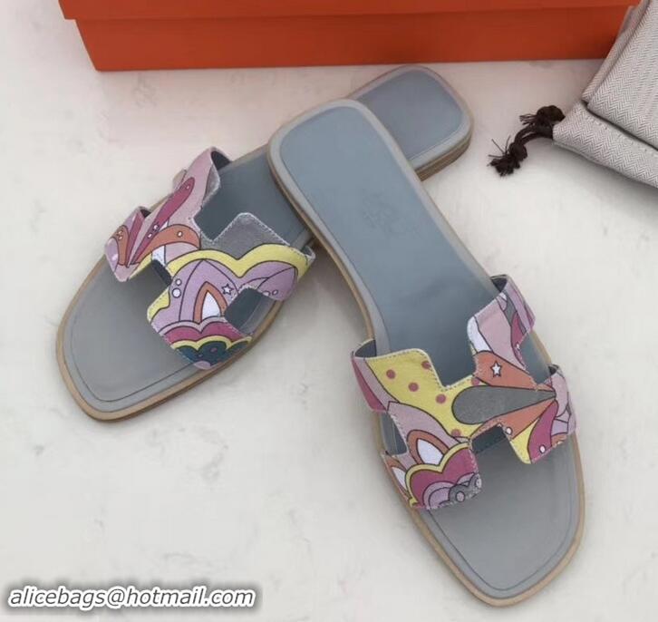 Unique Style Hermes Print Oran Flat Slipper Sandals H701038 Light Gray