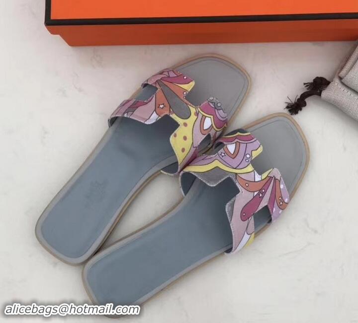 Unique Style Hermes Print Oran Flat Slipper Sandals H701038 Light Gray