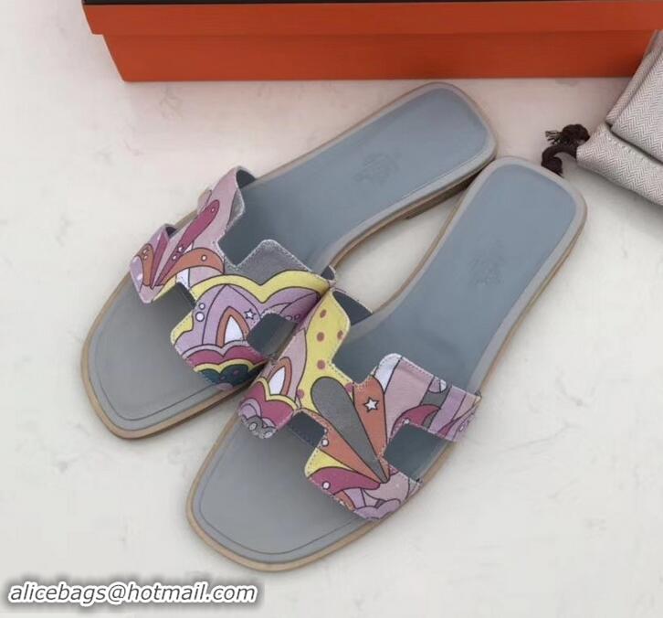 Unique Style Hermes Print Oran Flat Slipper Sandals H701038 Light Gray