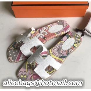 Good Looking Hermes Print Oran Flat Slipper Sandals H701038 White