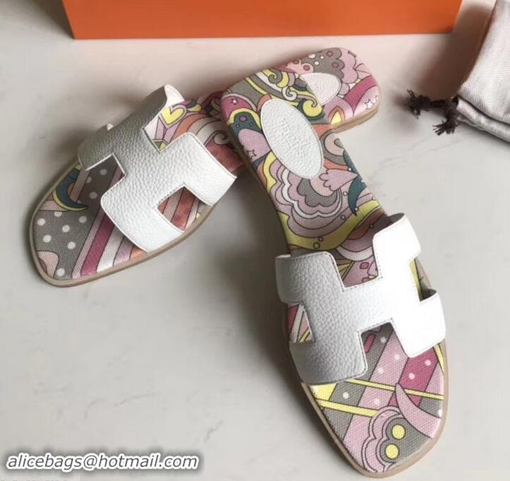 Good Looking Hermes Print Oran Flat Slipper Sandals H701038 White