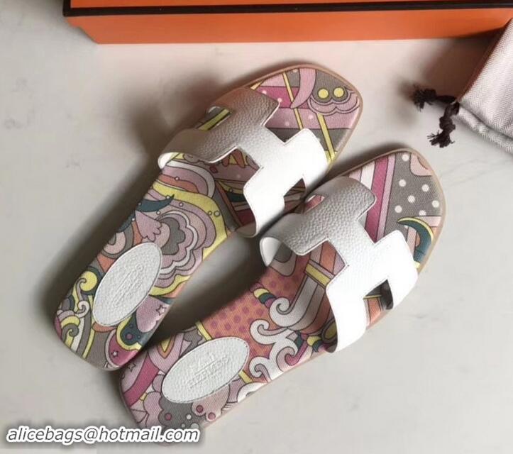 Good Looking Hermes Print Oran Flat Slipper Sandals H701038 White