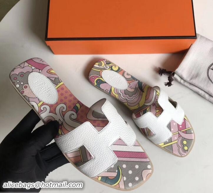 Good Looking Hermes Print Oran Flat Slipper Sandals H701038 White