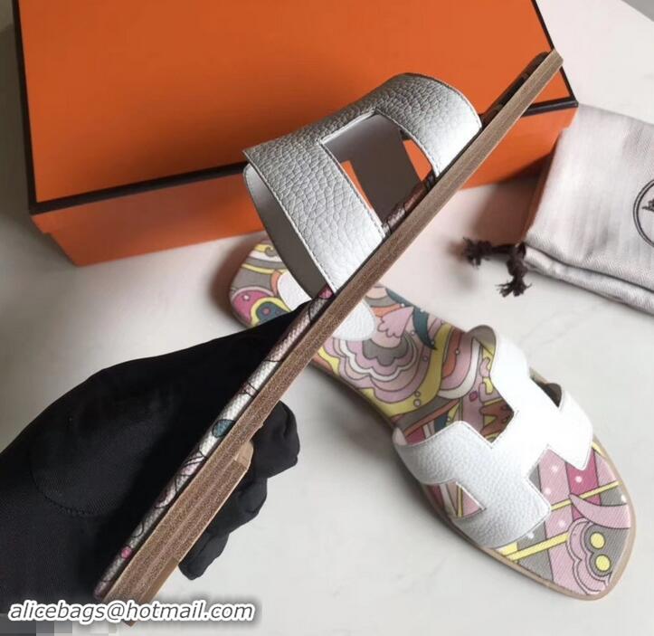 Good Looking Hermes Print Oran Flat Slipper Sandals H701038 White