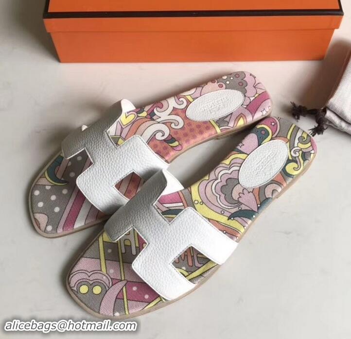 Good Looking Hermes Print Oran Flat Slipper Sandals H701038 White