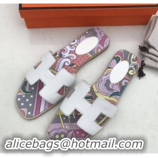 Best Price Hermes Print Oran Flat Slipper Sandals H701038 Box White