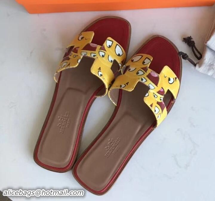 Purchase Hermes Print Oran Flat Slipper Sandals H701038 Red/Yellow