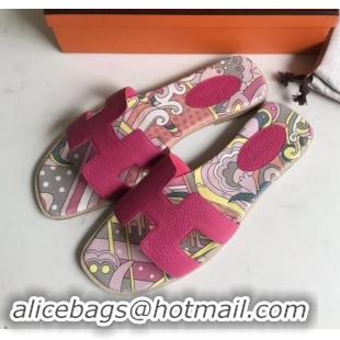 Good Quality Hermes Print Oran Flat Slipper Sandals H701038 Fuchsia