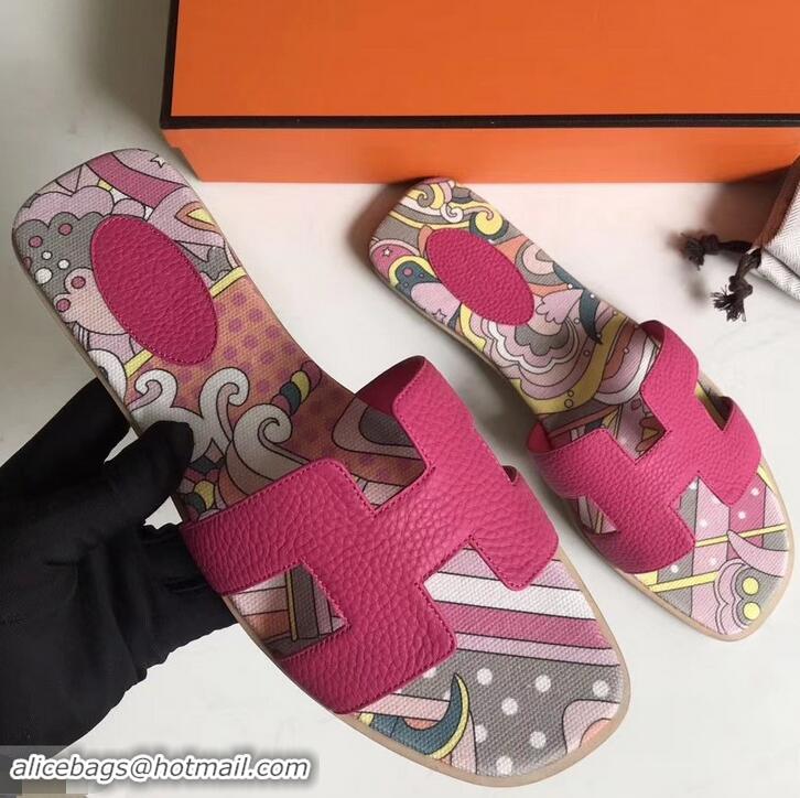 Good Quality Hermes Print Oran Flat Slipper Sandals H701038 Fuchsia