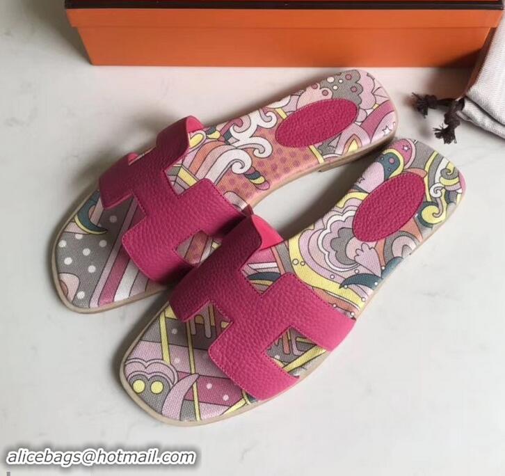 Good Quality Hermes Print Oran Flat Slipper Sandals H701038 Fuchsia