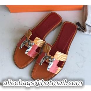 Shop Duplicate Hermes Print Oran Flat Slipper Sandals H701038 Orange