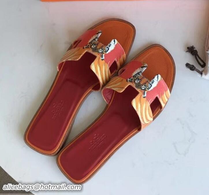 Shop Duplicate Hermes Print Oran Flat Slipper Sandals H701038 Orange