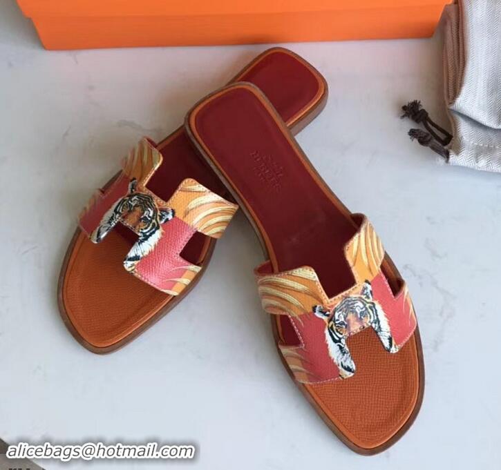 Shop Duplicate Hermes Print Oran Flat Slipper Sandals H701038 Orange