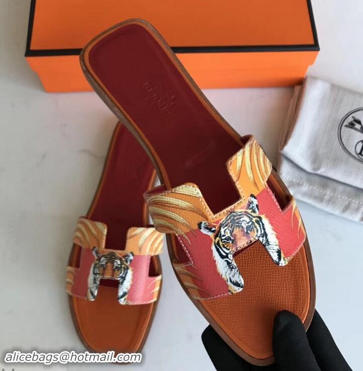 Shop Duplicate Hermes Print Oran Flat Slipper Sandals H701038 Orange