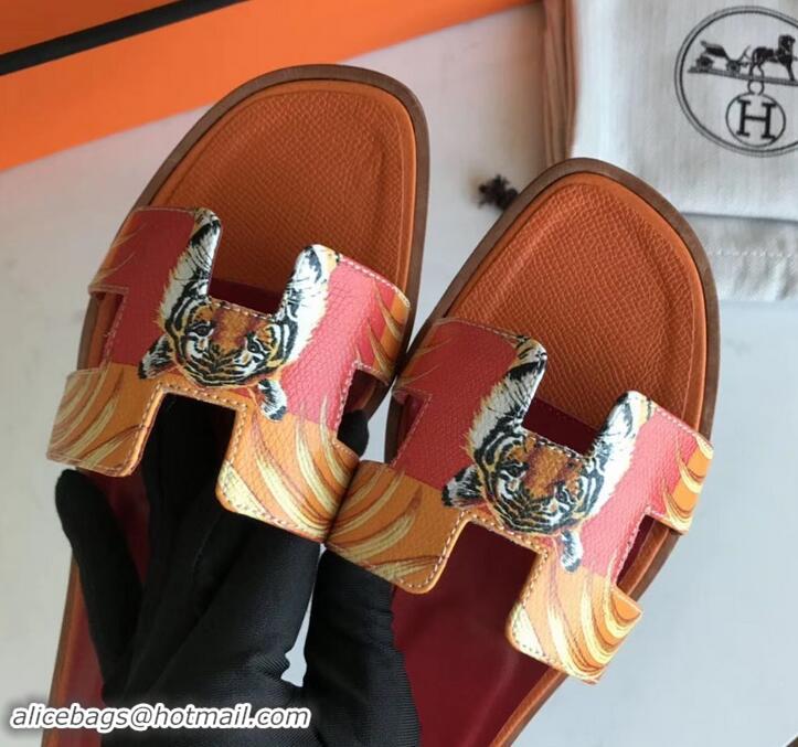 Shop Duplicate Hermes Print Oran Flat Slipper Sandals H701038 Orange