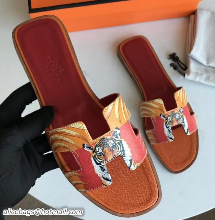 Shop Duplicate Hermes Print Oran Flat Slipper Sandals H701038 Orange