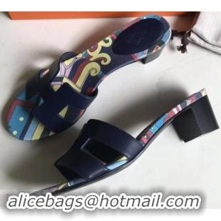 Grade Quality Hermes Heel 5cm Print Oasis Slipper Sandals H701040 Dark Blue