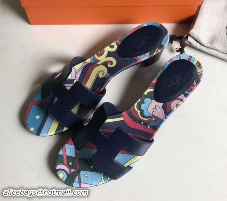 Grade Quality Hermes Heel 5cm Print Oasis Slipper Sandals H701040 Dark Blue