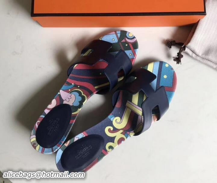 Grade Quality Hermes Heel 5cm Print Oasis Slipper Sandals H701040 Dark Blue