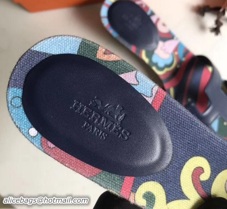 Grade Quality Hermes Heel 5cm Print Oasis Slipper Sandals H701040 Dark Blue