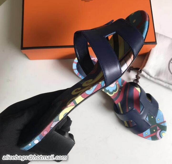 Grade Quality Hermes Heel 5cm Print Oasis Slipper Sandals H701040 Dark Blue