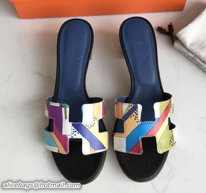 Sumptuous Hermes Heel 5cm Print Oasis Slipper Sandals H701040 Black/Blue