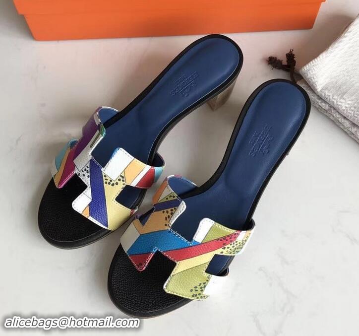 Sumptuous Hermes Heel 5cm Print Oasis Slipper Sandals H701040 Black/Blue