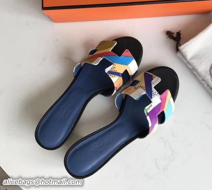 Sumptuous Hermes Heel 5cm Print Oasis Slipper Sandals H701040 Black/Blue