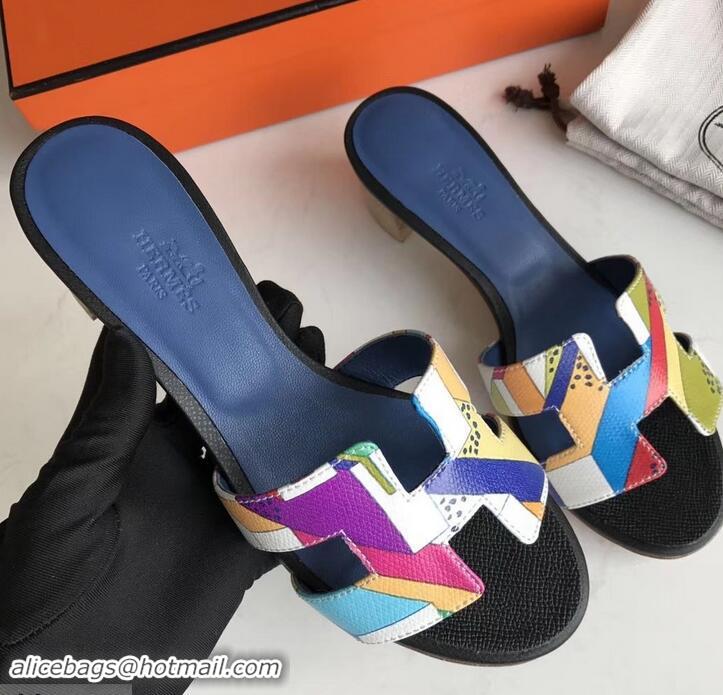 Sumptuous Hermes Heel 5cm Print Oasis Slipper Sandals H701040 Black/Blue