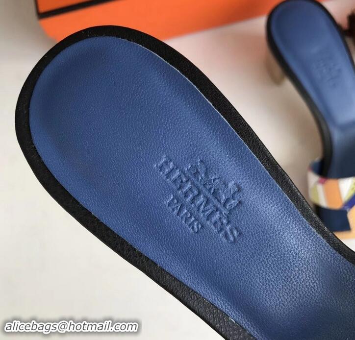 Sumptuous Hermes Heel 5cm Print Oasis Slipper Sandals H701040 Black/Blue