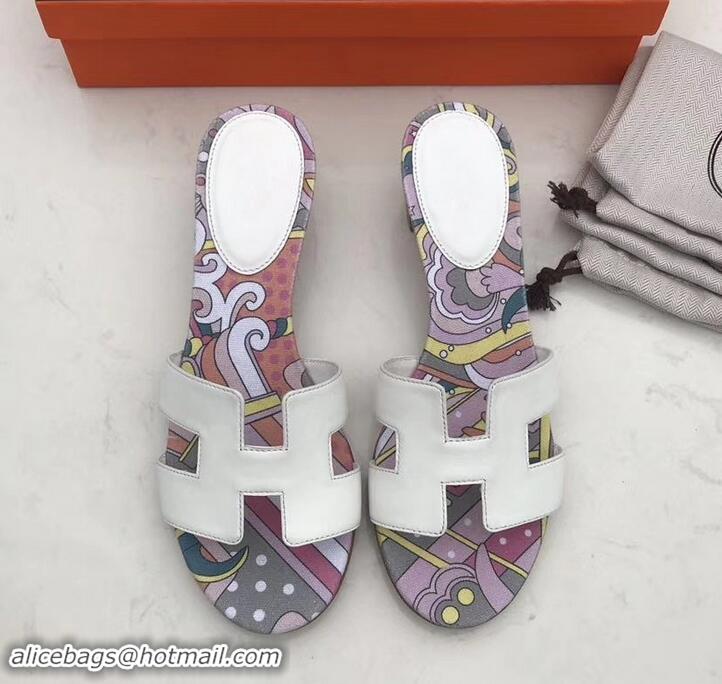 Pretty Style Hermes Heel 5cm Print Oasis Slipper Sandals H701040 White