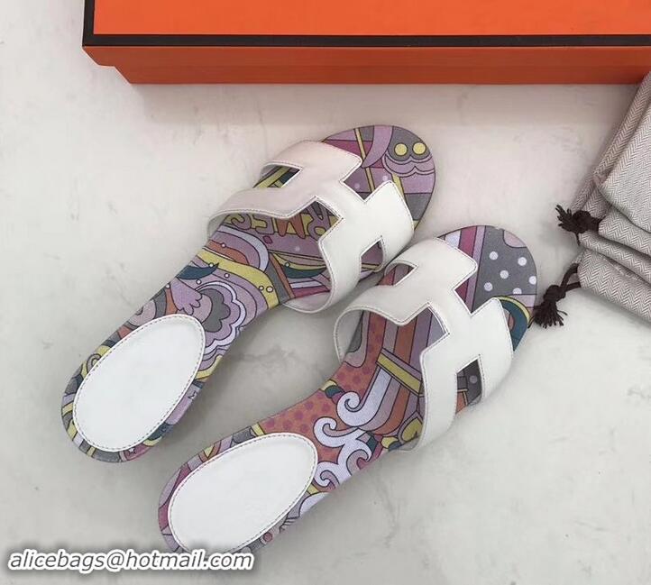 Pretty Style Hermes Heel 5cm Print Oasis Slipper Sandals H701040 White