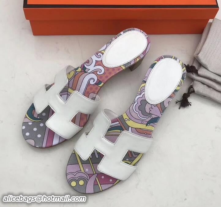 Pretty Style Hermes Heel 5cm Print Oasis Slipper Sandals H701040 White