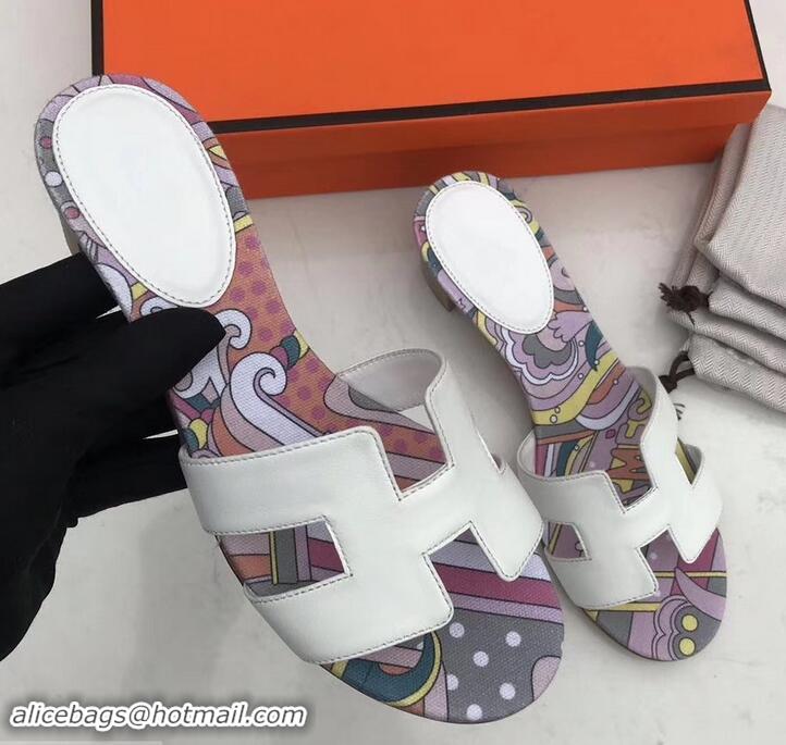 Pretty Style Hermes Heel 5cm Print Oasis Slipper Sandals H701040 White