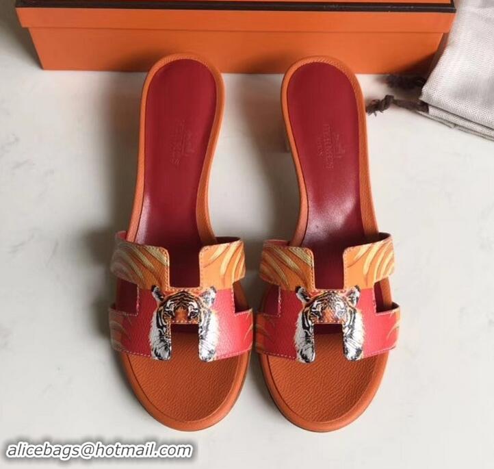 Stylish Hermes Heel 5cm Print Oasis Slipper Sandals H701040 Orange