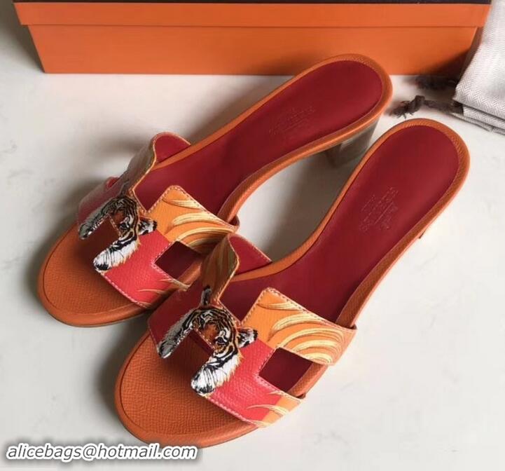 Stylish Hermes Heel 5cm Print Oasis Slipper Sandals H701040 Orange