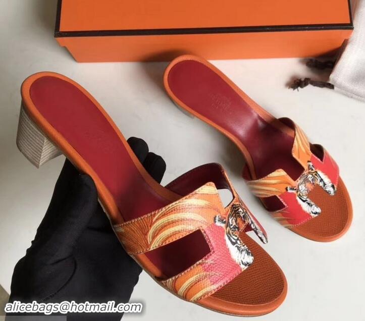 Stylish Hermes Heel 5cm Print Oasis Slipper Sandals H701040 Orange