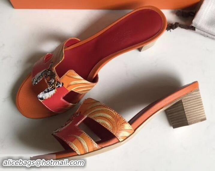 Stylish Hermes Heel 5cm Print Oasis Slipper Sandals H701040 Orange