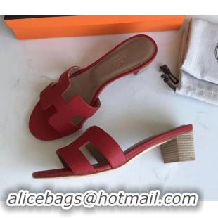 Good Quality Hermes Heel 5cm Print Oasis Slipper Sandals H701042  epsom Leather red/brown