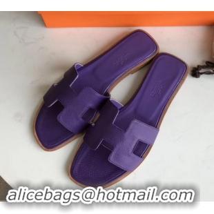 Durable Hermes Oran Flat slippers in epsom leather Violet with brown piping H701043